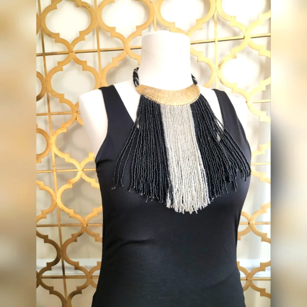 Hand Hammered Brass, White and Black Beaded Statement Necklace - Picture 11 of 17